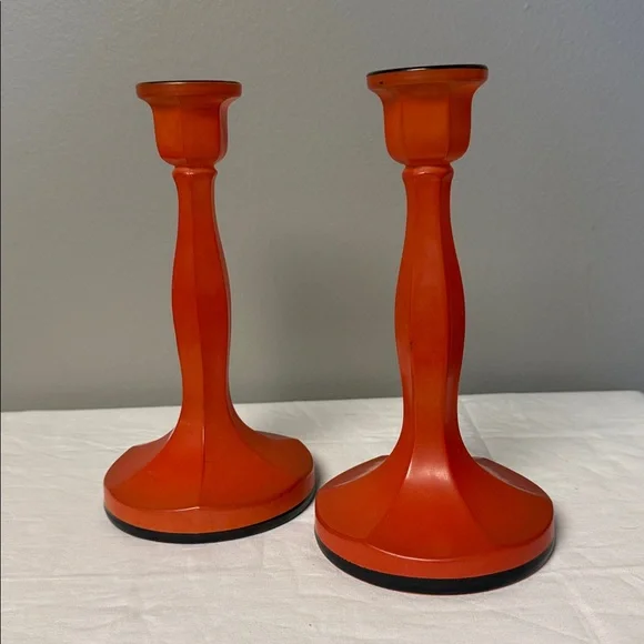 Vintage Orange Glass Candlestick Holders Set of 2 Mid Century Modern - Picture 3 of 7